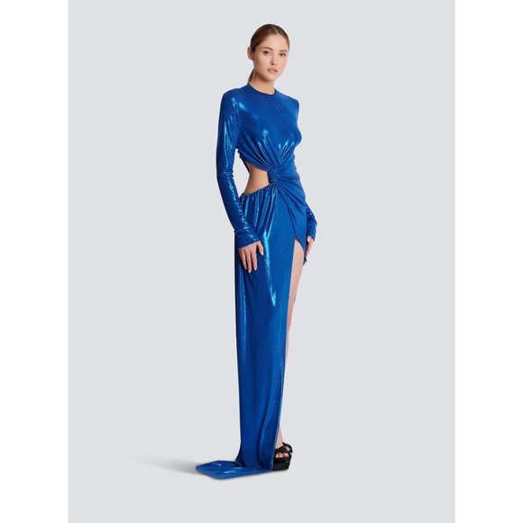 Balmain Womens Draped Laminated Jersey Long Dress in Bleu Electric 38 New Gown - Picture 16 of 16